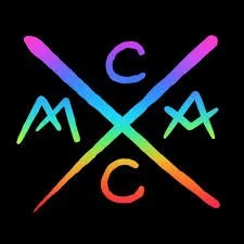 Colorful geometric design with X shape and the letters C, M, A, C around it on a black background.