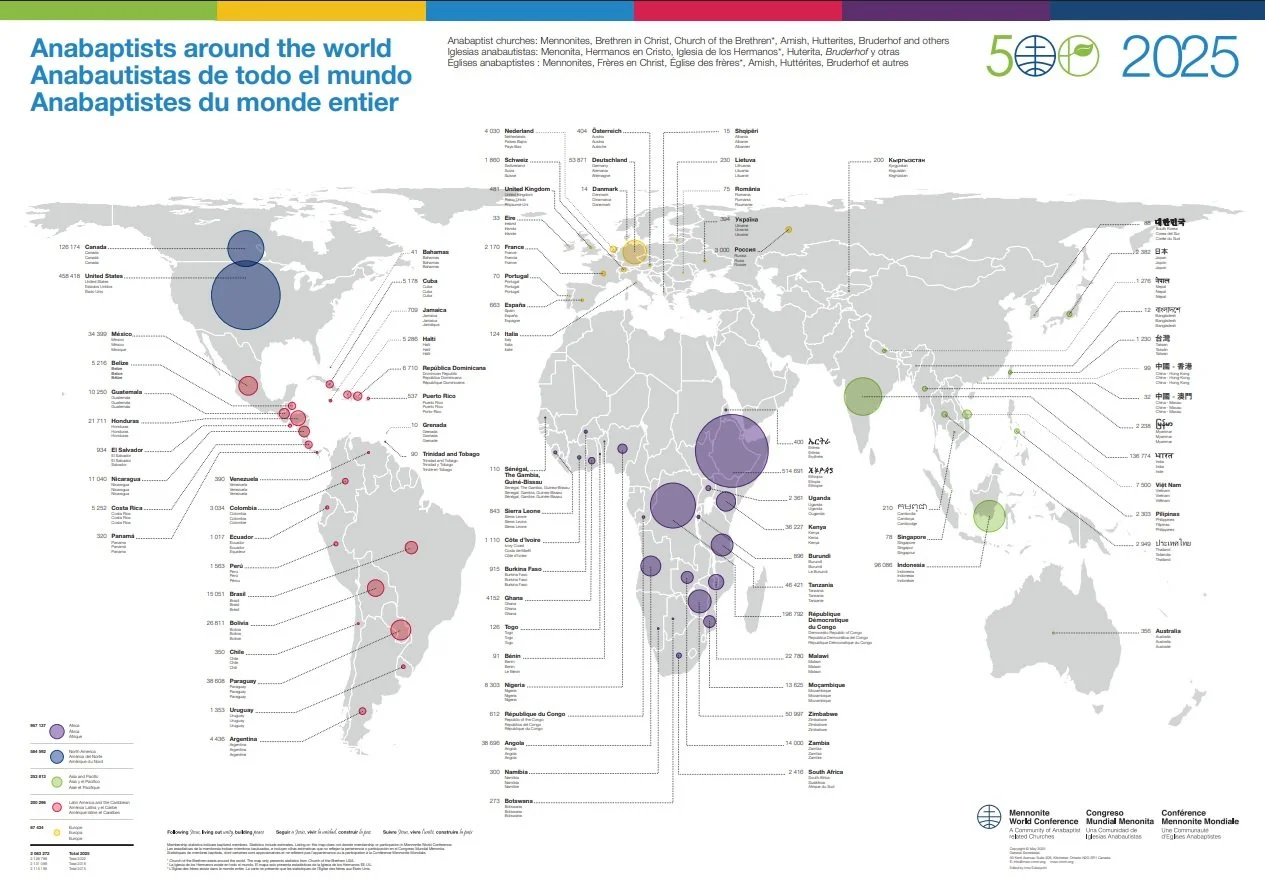 World map showing locations of anabaptist churches globally, with circles of varying sizes indicating each country's number of churches, including North America, Europe, Africa, Asia, and Oceania.