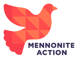 Stylized bird made up of red geometric shapes with the text 'Mennonite Action' beneath it.