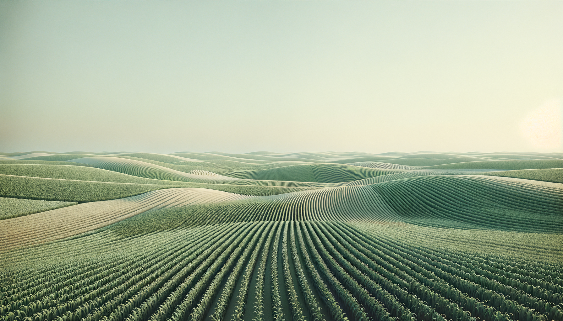 Green rolling hills with cultivated fields extending to the horizon under a light sky.
