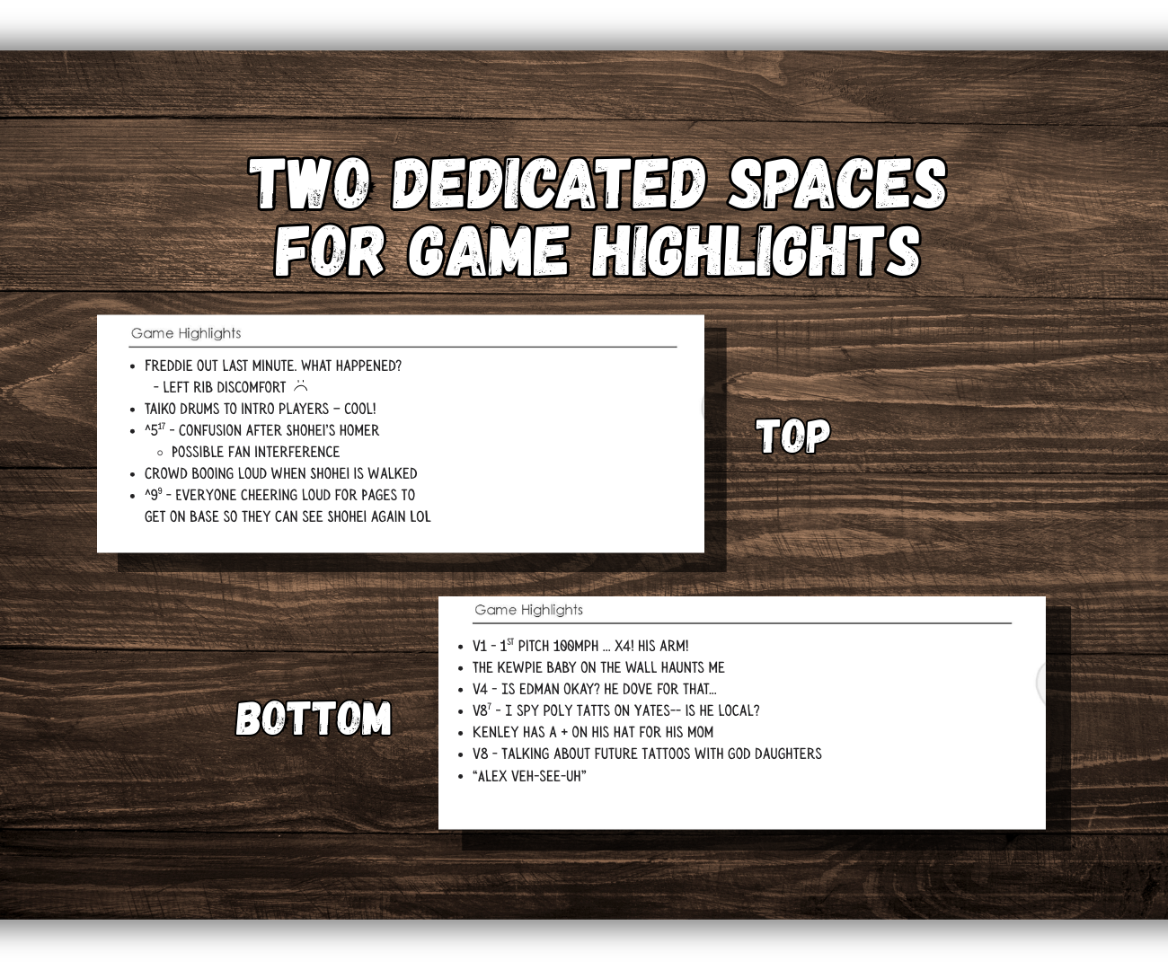 Big, dedicated space on both the Top and Bottom of the inning pages to note the tiny moments that make a game special.