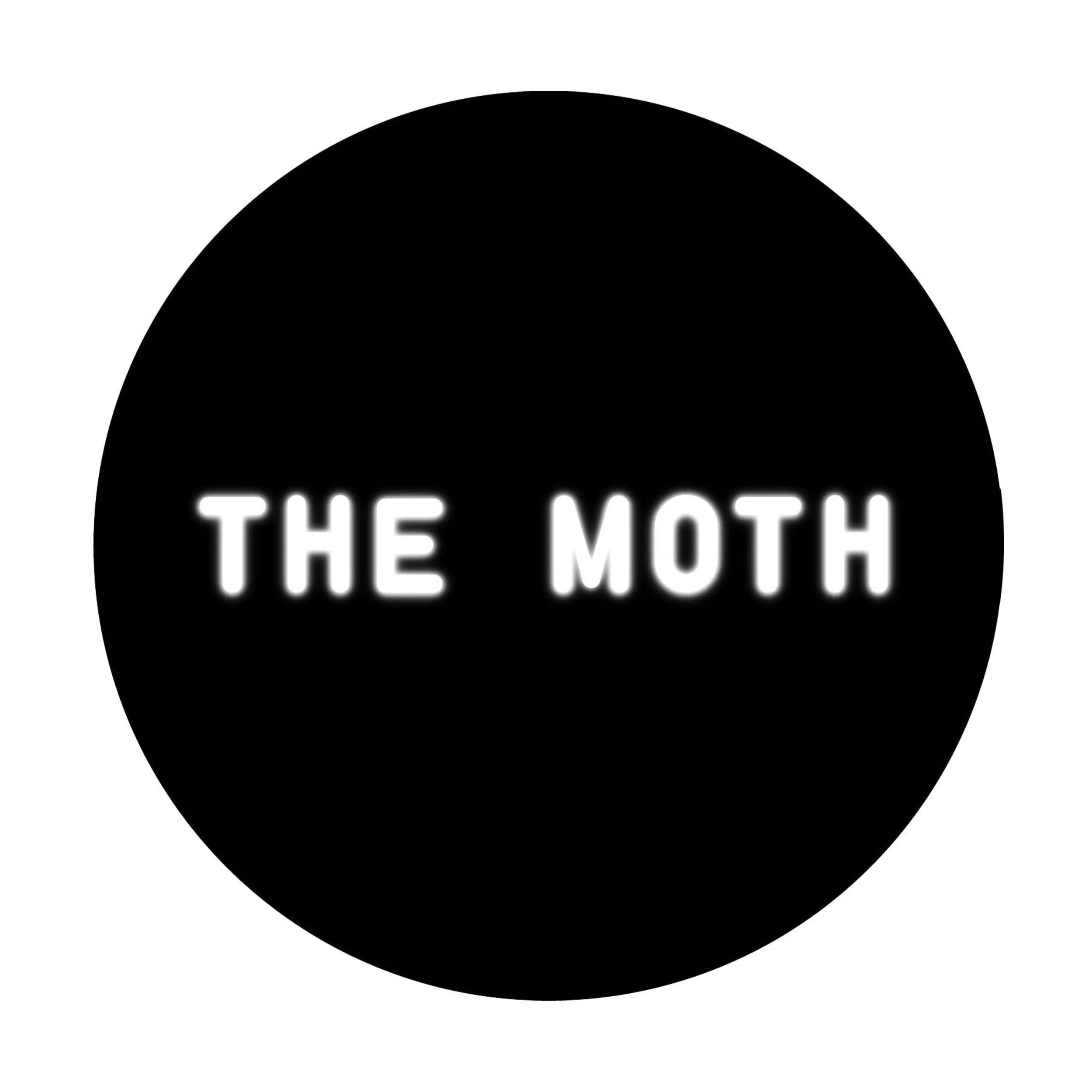 Black circle with white glowing text 'THE MOTH' in the center.