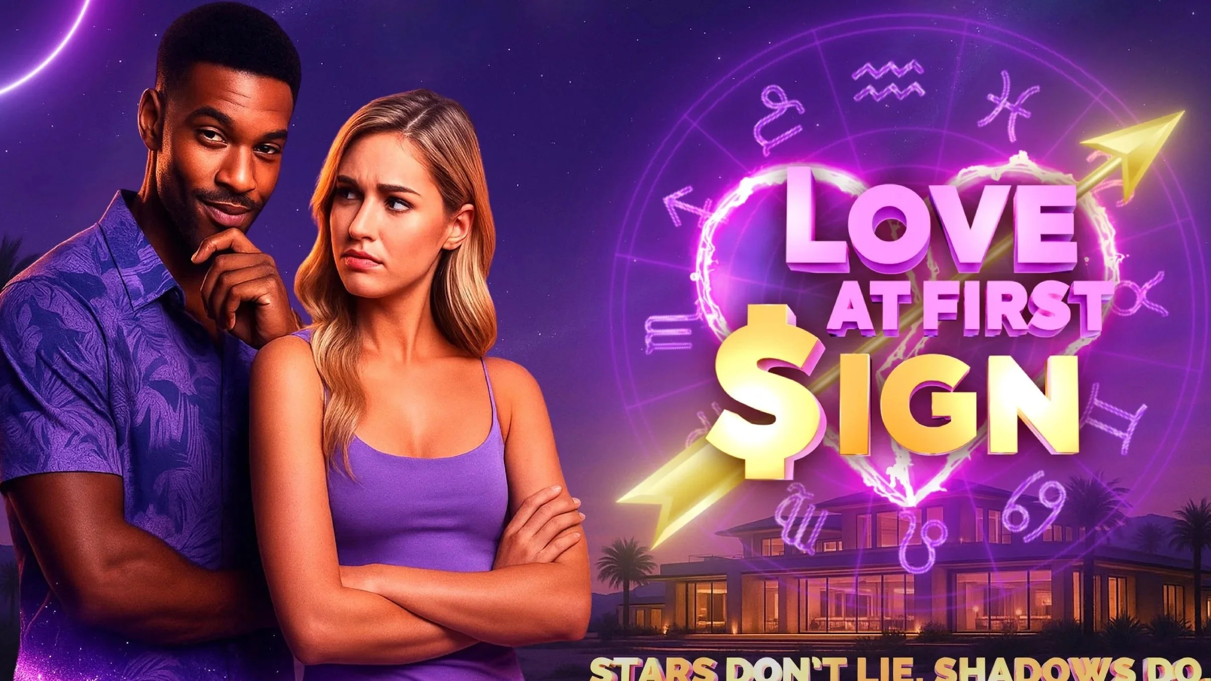An advertisement for a romantic show titled 'Love at First Sign,' featuring a man and woman with crossed arms and serious expressions, against a background of a futuristic house, zodiac symbols, and a cosmic purple sky.