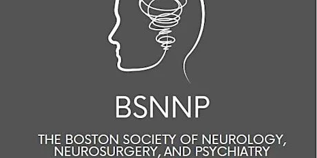 Logo of the Boston Society of Neurology, Neurosurgery, and Psychiatry with an outline of a human head and brain, on a gray background.