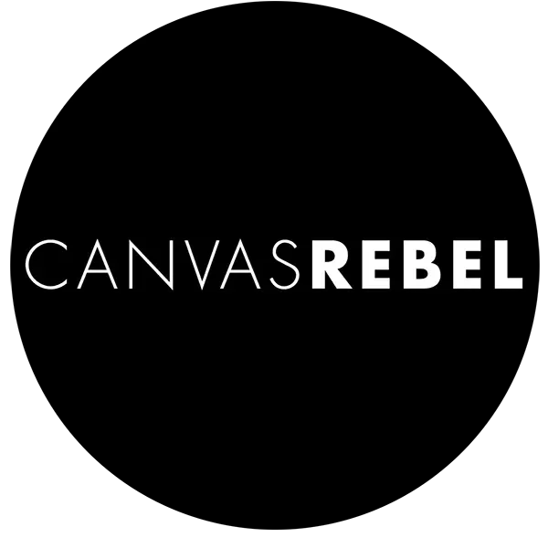 Logo with text 'CANVAS REBEL' on a black circular background, with 'CANVAS' in white and 'REBEL' in bold.