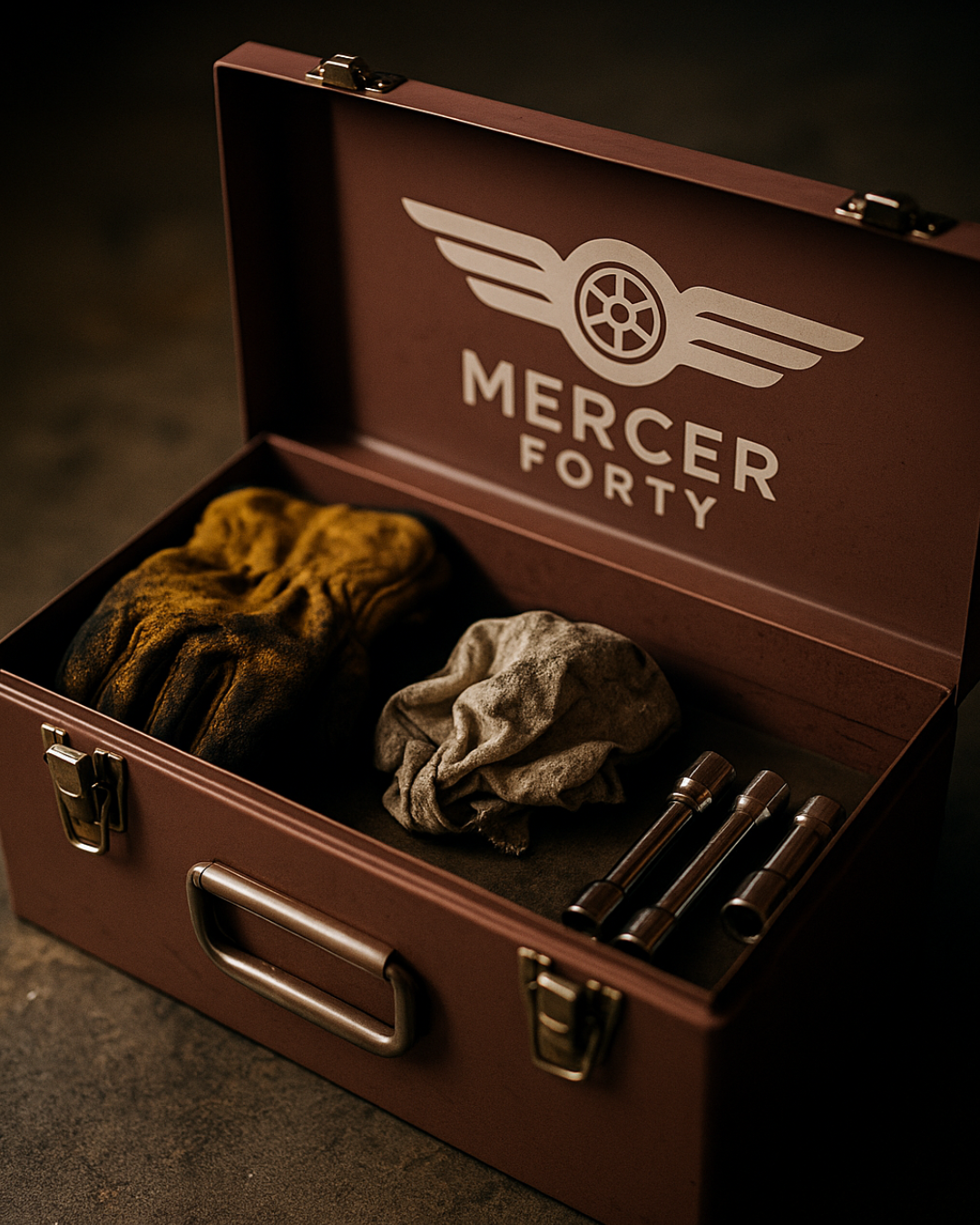 A red toolbox with the Mercedes-Benz logo and the words "Mercer Forty" inside. The toolbox contains a pair of brown gloves, a gray cloth, and three metallic spark plugs.
