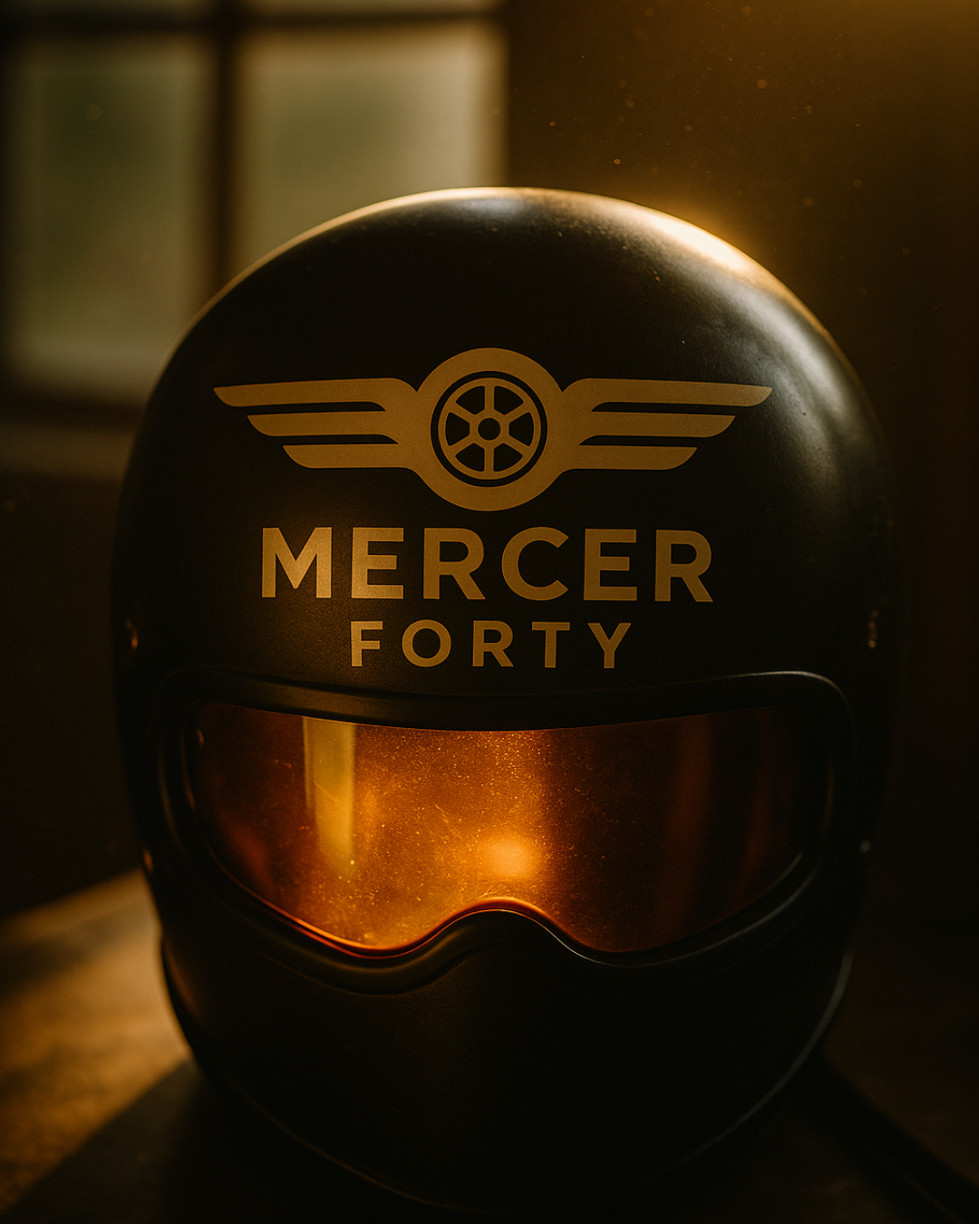 Black motorcycle helmet with gold logo and lettering 'Mercer Forty' and gold tinted visor, illuminated with warm lighting.