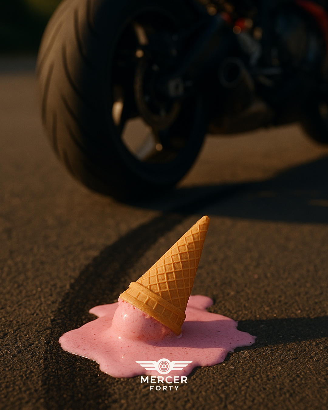 An ice cream cone on the ground, with pink melted ice cream pooling around it and a motorcycle tire in the background.