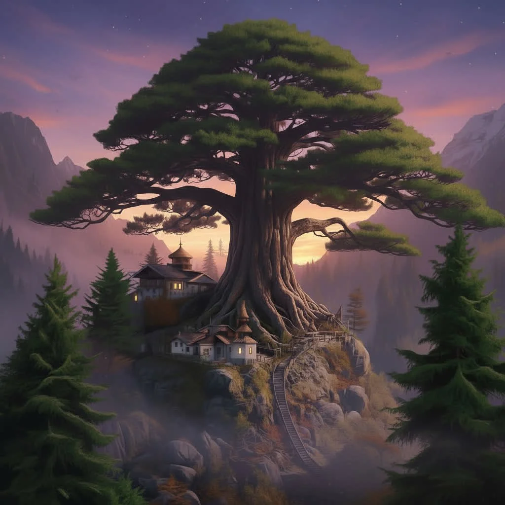 concept art for the Chronicle Pine and monastery