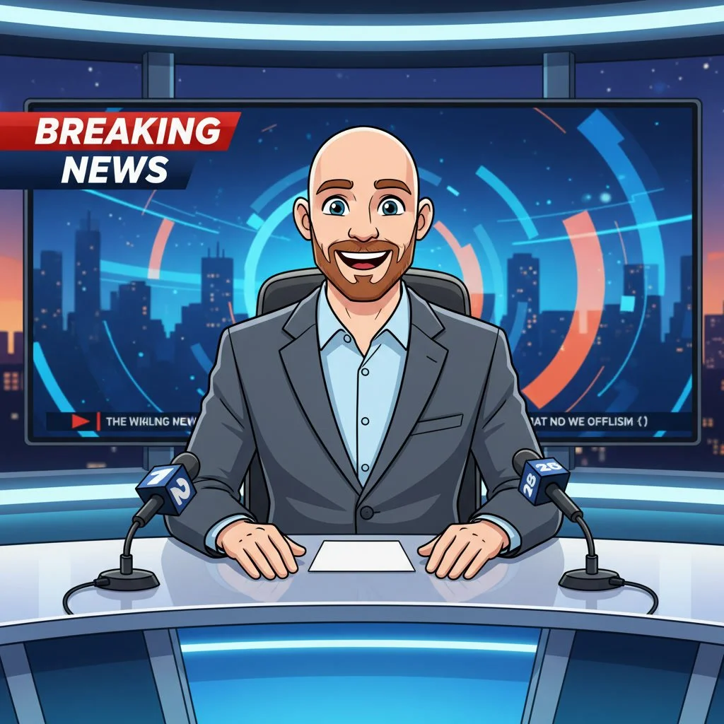 A cartoon news anchor sitting at a desk with microphones, on a TV news set with a city skyline background, and a "Breaking News" banner.