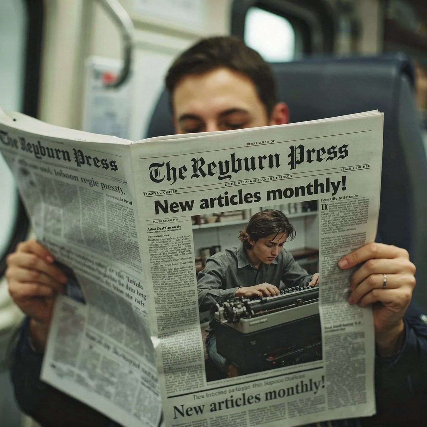 Person reading a newspaper on a train.