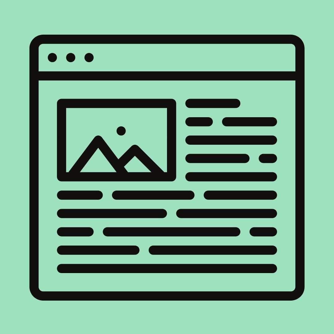 Illustration of a web page with a picture and text, depicted as a black outline on a green background.