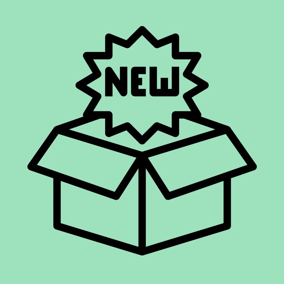 Simple black outline illustration of an open box with a starburst shape displaying the word 'NEW' emerging from it, on a light green background.
