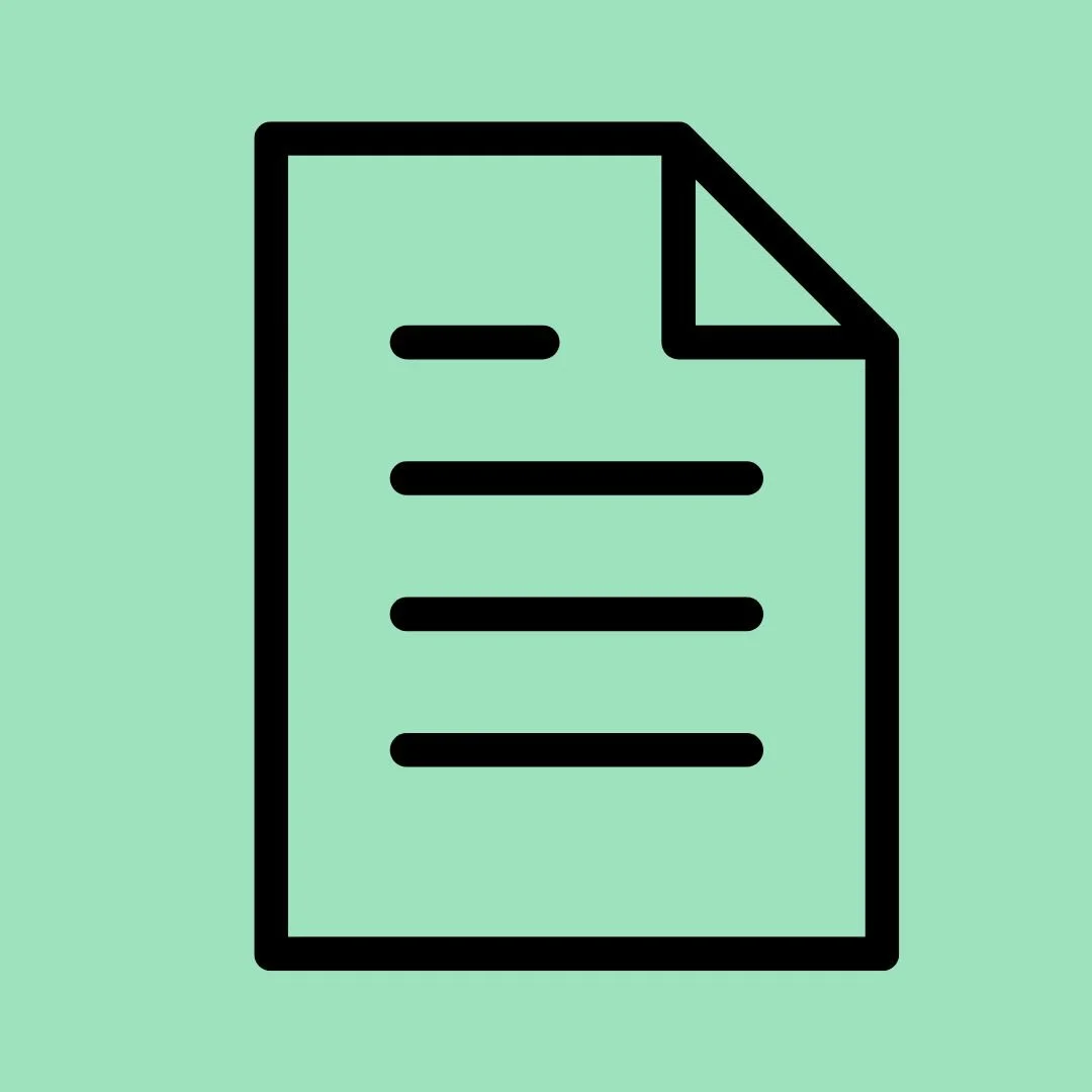 Icon of a document with lines representing text, outlined in black on a teal background.