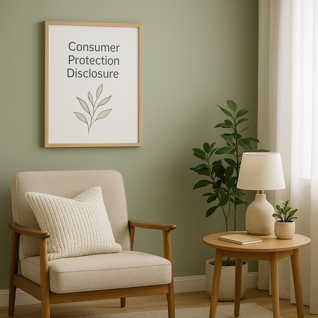 A cozy corner of a room with a beige armchair, a knit pillow, a wooden side table with a lamp, books, and potted plants, and a framed sign reading "Consumer Protection Disclosure" on a green wall.