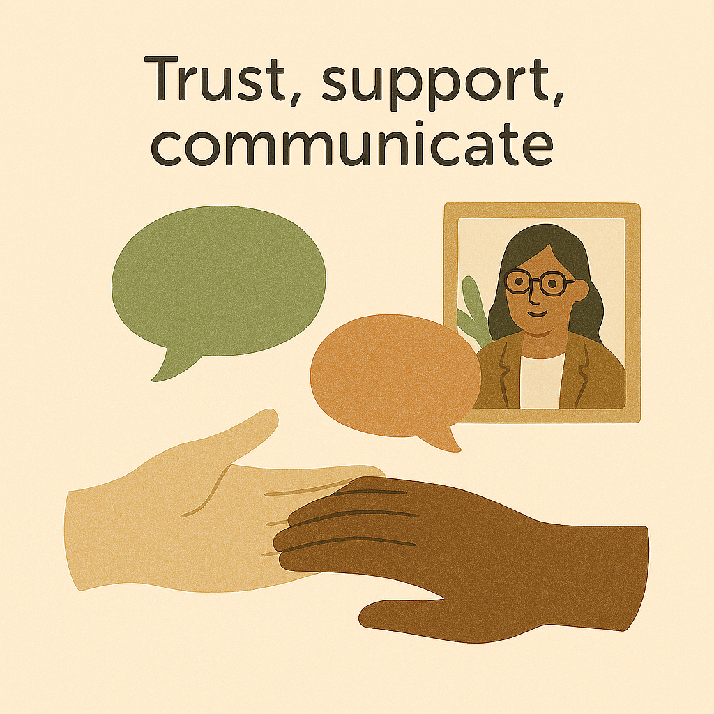 Illustration of two hands reaching out to each other with speech bubbles, a photo of a woman wearing glasses, and the text 'Trust, support, communicate'