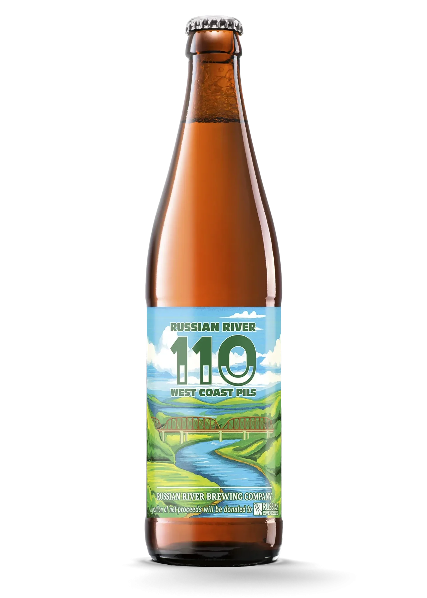 A bottle of Russian River beer on a white background.