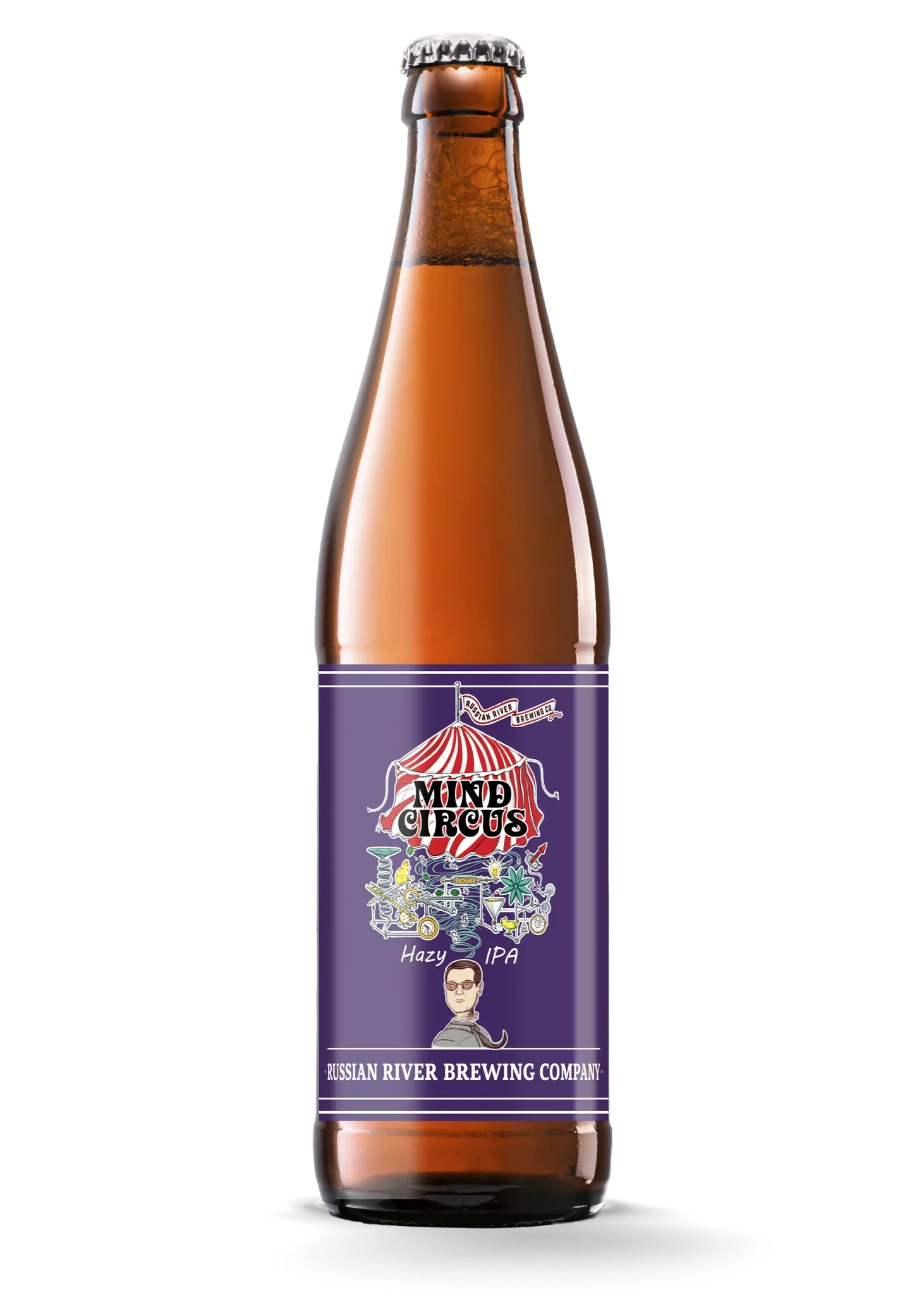 A bottle of Russian River beer on a white background.