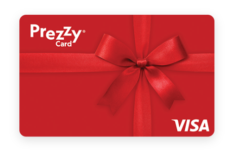 A prepaid Visa gift card with a red ribbon tied in a bow, featuring the PreZzy Card branding.