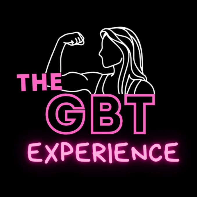 Illustration of a woman flexing her arm with the text 'The GBT Experience' in pink and purple neon-style font.