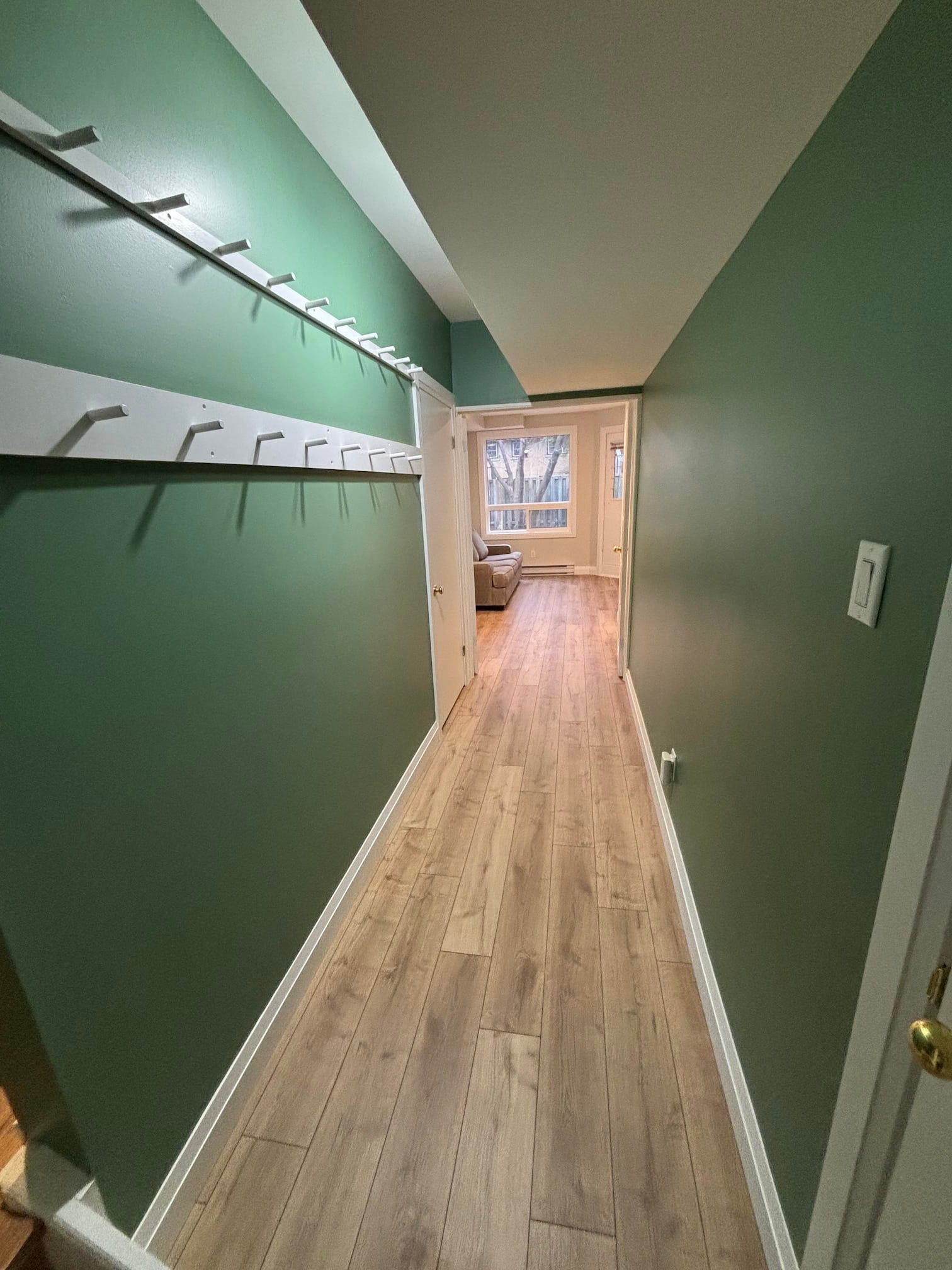 A narrow hallway with green painted walls, wood floor, and a view into a room with a sitting area and large windows.