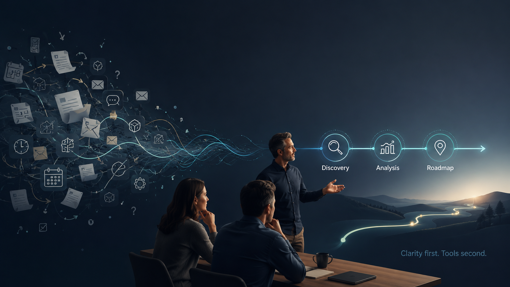 A group of three professionals in a dark conference room, with a man standing and presenting a digital roadmap of discovery, analysis, and planning phases over a landscape background with a winding road.