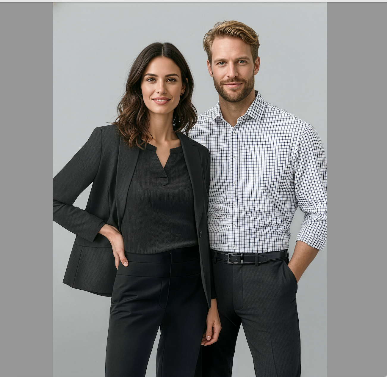 Group of four diverse professional people standing against a green background, dressed in business attire, looking at the camera.
