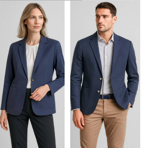 Two models in professional attire posing indoors. The woman in the foreground wears a dark blue short-sleeve shirt and gray pants. The man in the background wears a light blue long-sleeve shirt and dark pants.