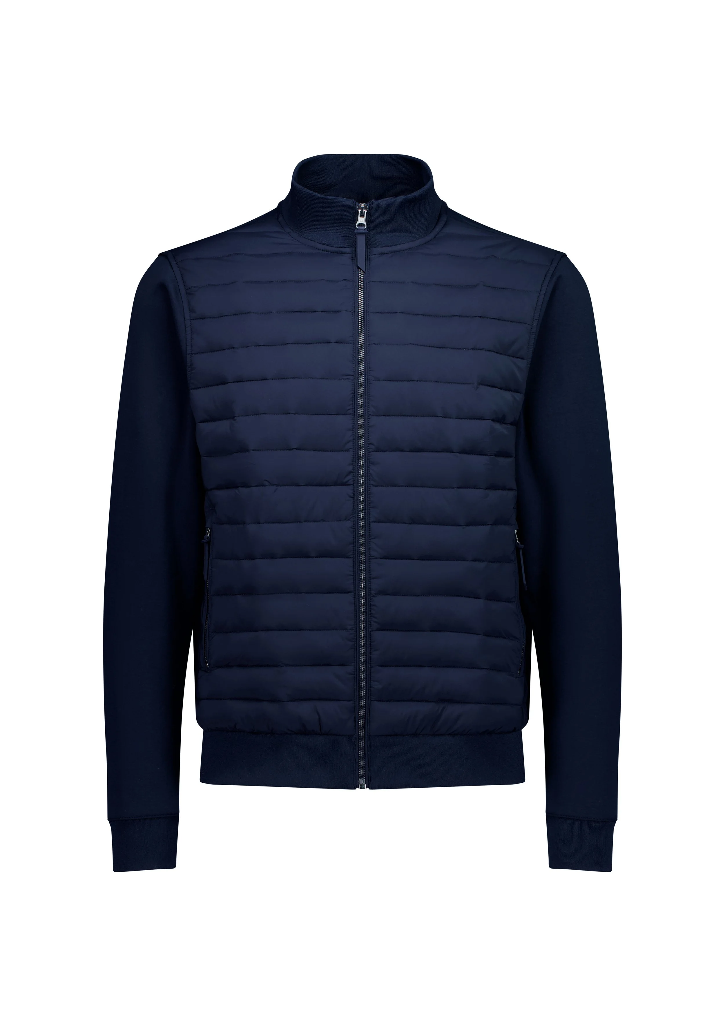 Person in a blue suit browsing men's blazers on a wooden clothing rack.