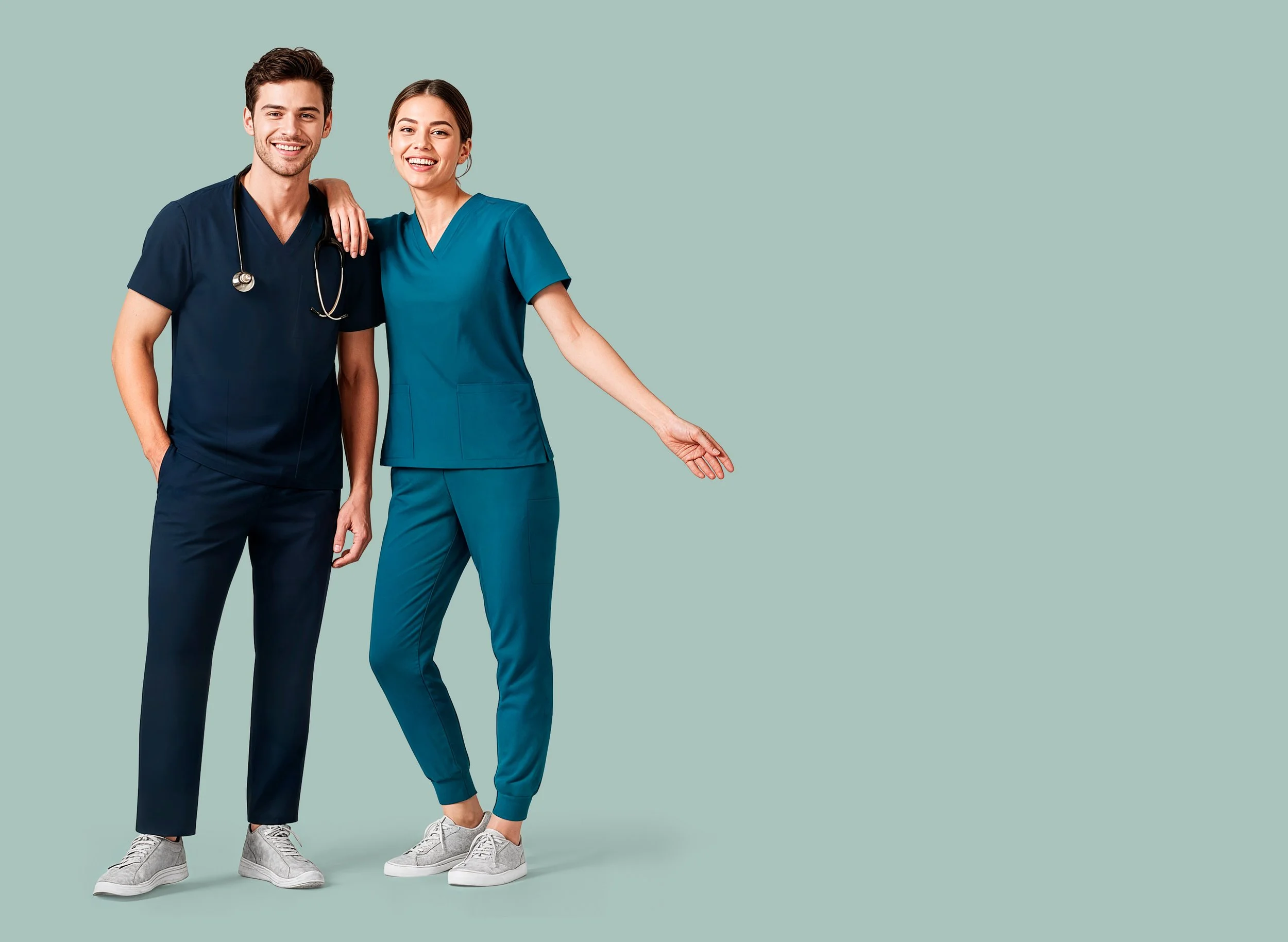 Group of diverse healthcare professionals in scrubs and uniforms posing together.