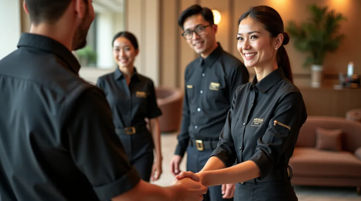 A woman hotel employee shaking hands with a guest, with two other staff members smiling in the background.