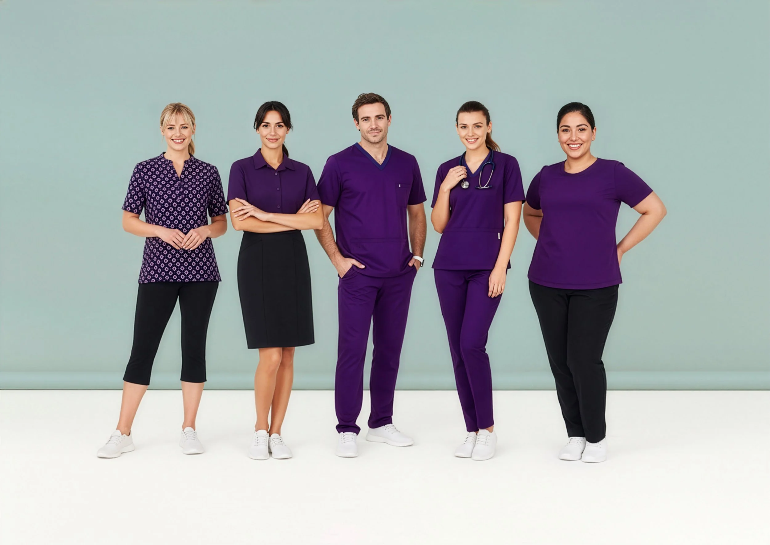 Group of five healthcare professionals smiling, wearing scrubs in different colors, with stethoscopes, posing together in front of a plain white background.