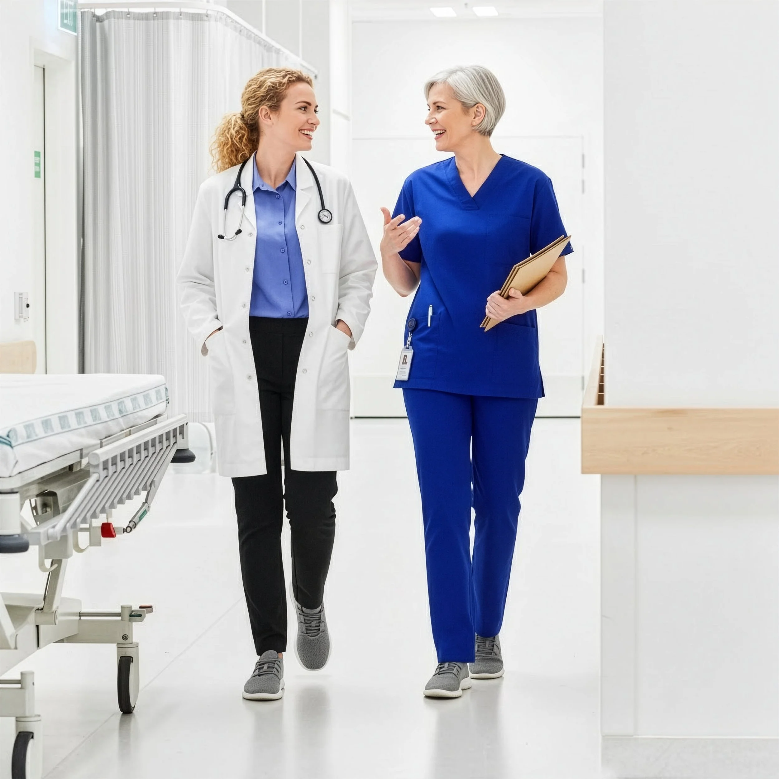Two healthcare professionals, a man and a woman, standing side by side in maroon scrubs smiling at the camera against a plain background.