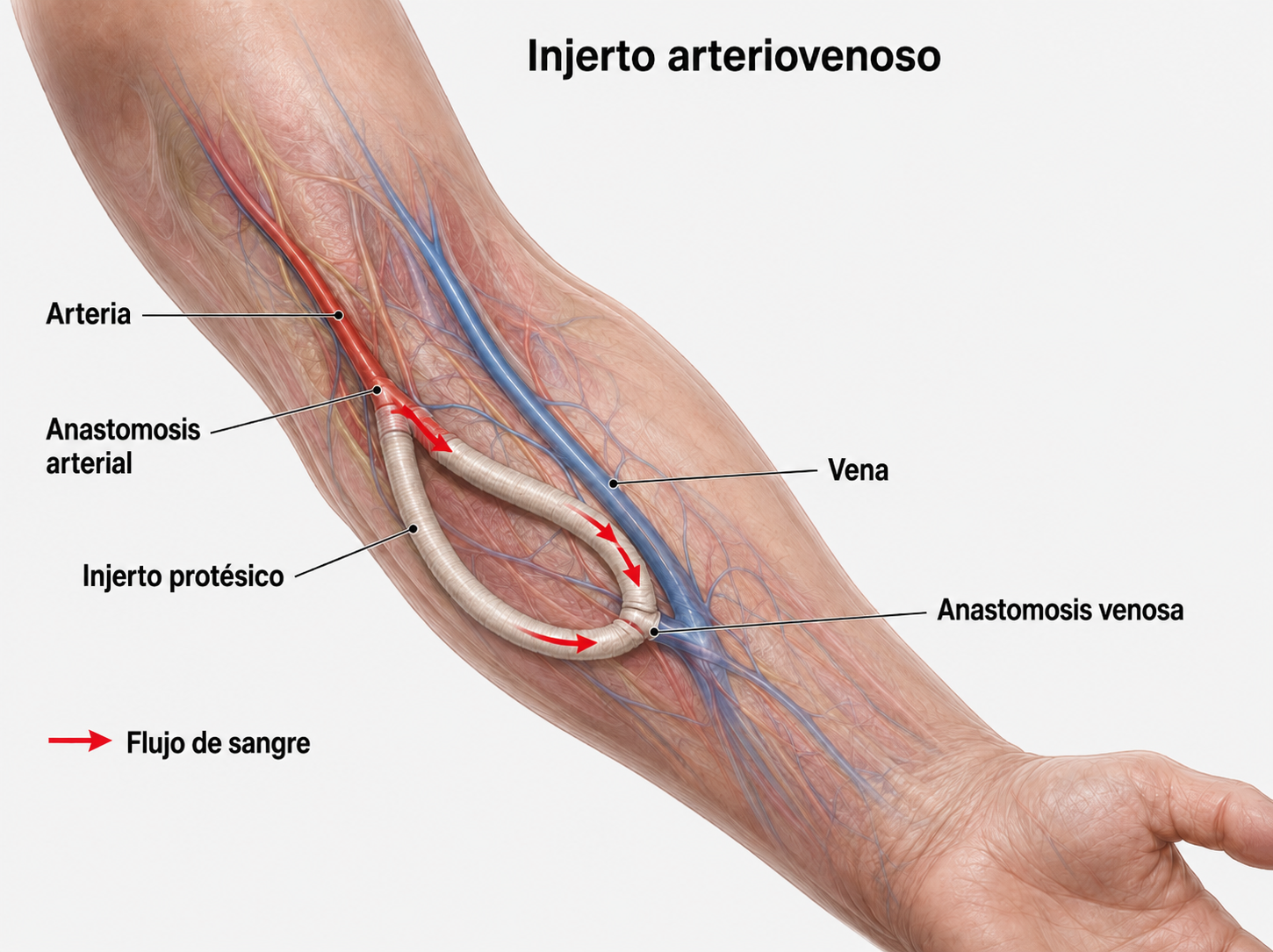 injerto arteriovenoso en brazo izquierdo, acceso vascular permanente para hemodiálisis, se coloca en caso de que la fístula arteriovenosa no madure adecuadamente o se complique con trombosis, aneurismas, etc.