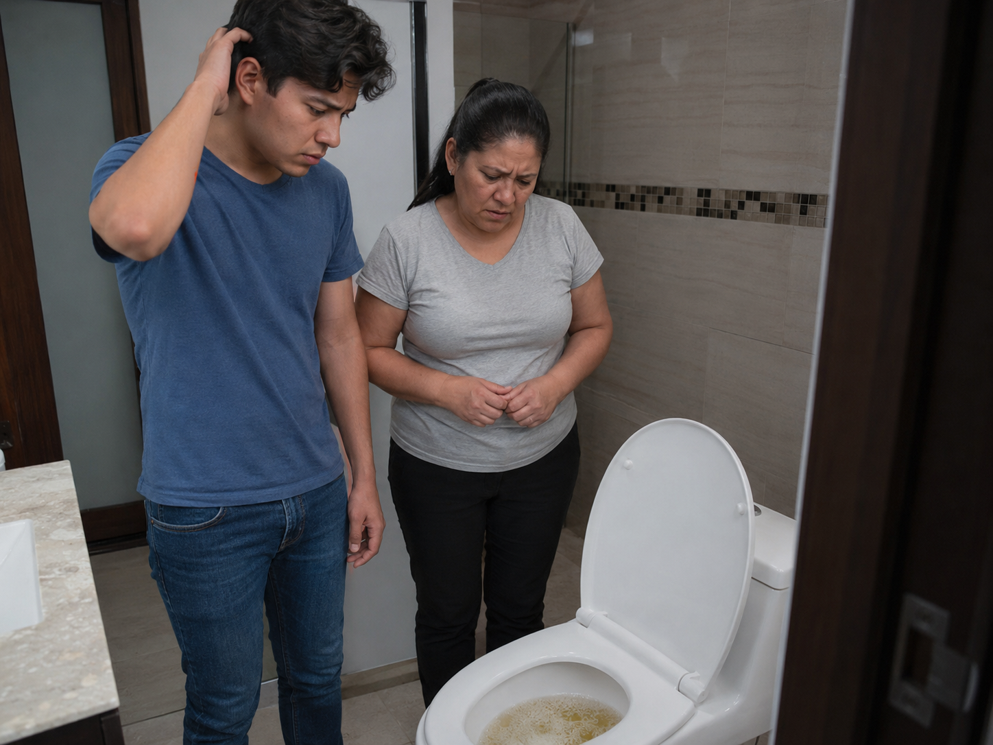 Joven mexicano y su madre observan con preocupación orina espumosa en el inodoro, posible señal de proteinuria.