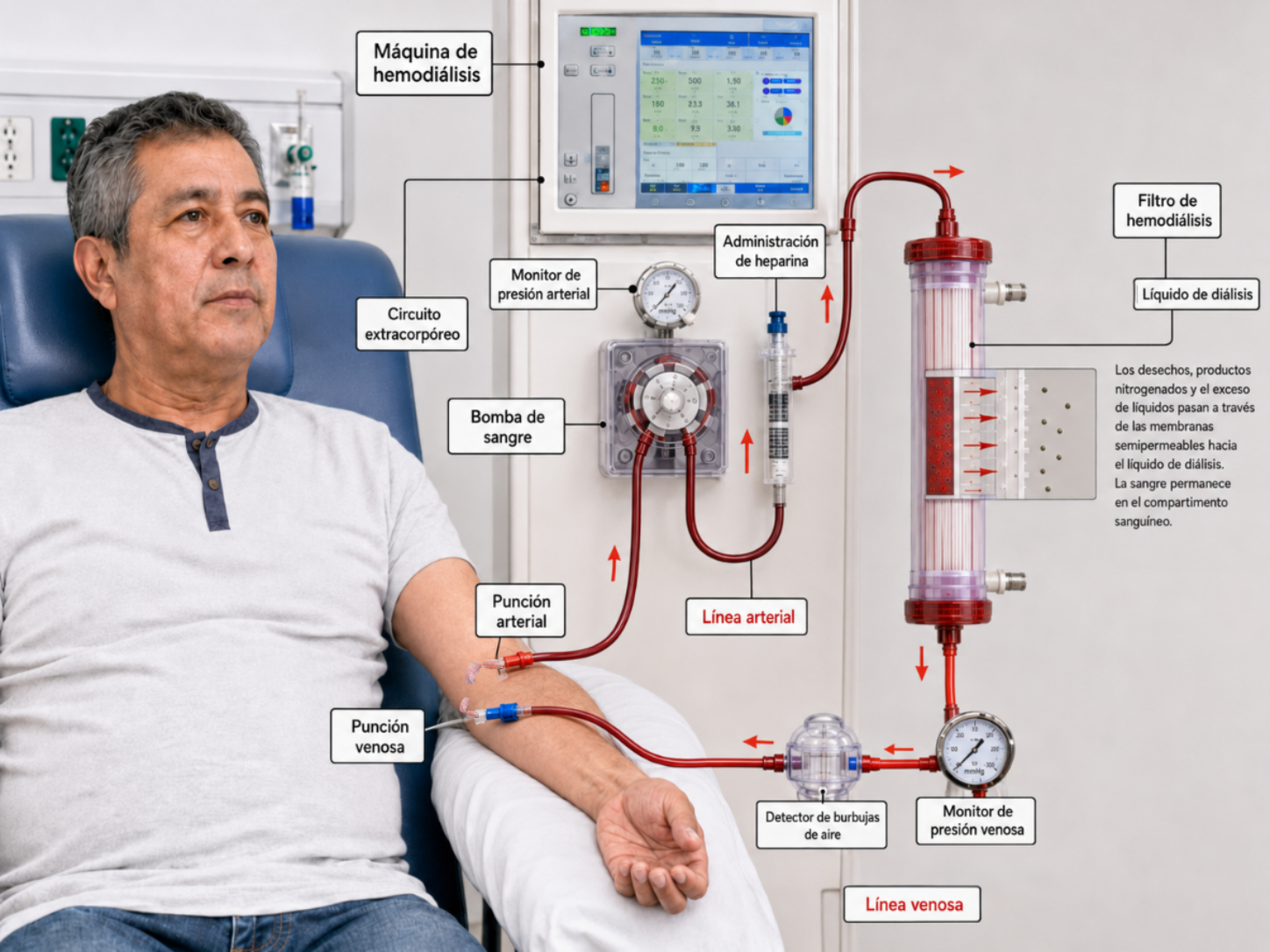 Ilustración de un paciente durante una sesión de hemodiálisis. La imagen muestra el circuito extracorpóreo de sangre   conectado a la fístula arteriovenosa del brazo izquierdo a través de una punción arterial y venosa, con paso por la bomba de sangre