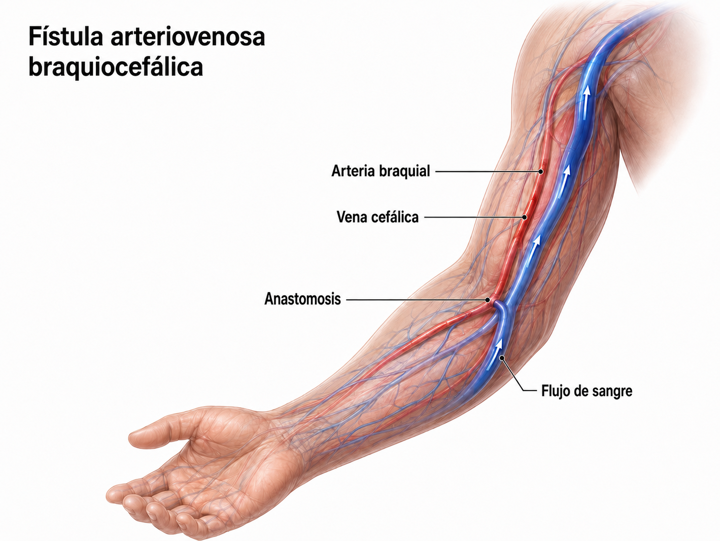 fístula arteriovenosa, hemodiálisis, enfermedad renal crónica, inicio de diálisis, acceso vascular permanente, cirugía, angiólogo, maduración, brazo derecho que muestra la conexión entre una vena y una arteria