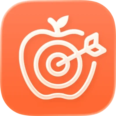 White apple with a target and arrow inside, on an orange background.