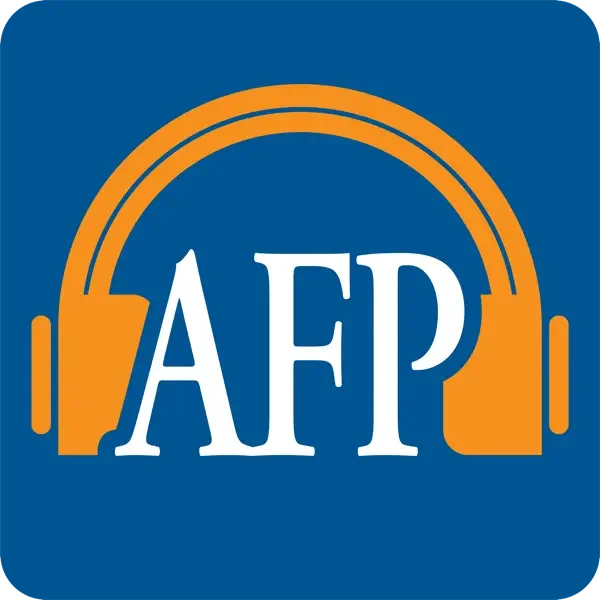 AFP logo with orange headphones on a blue background