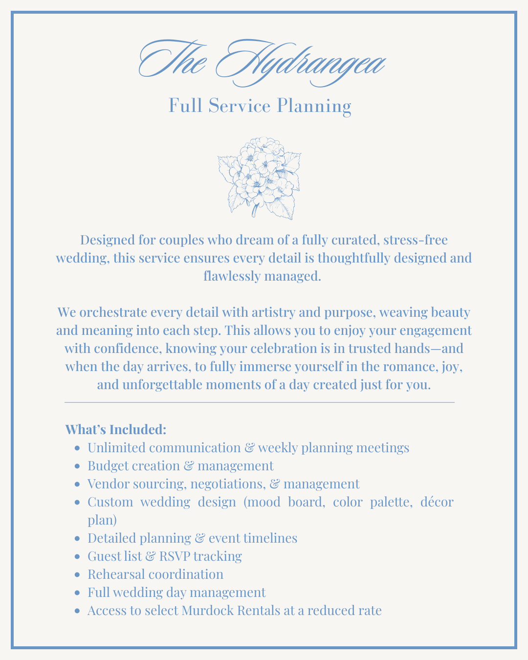 Wedding planning service flyer with blue floral illustration and descriptive text.