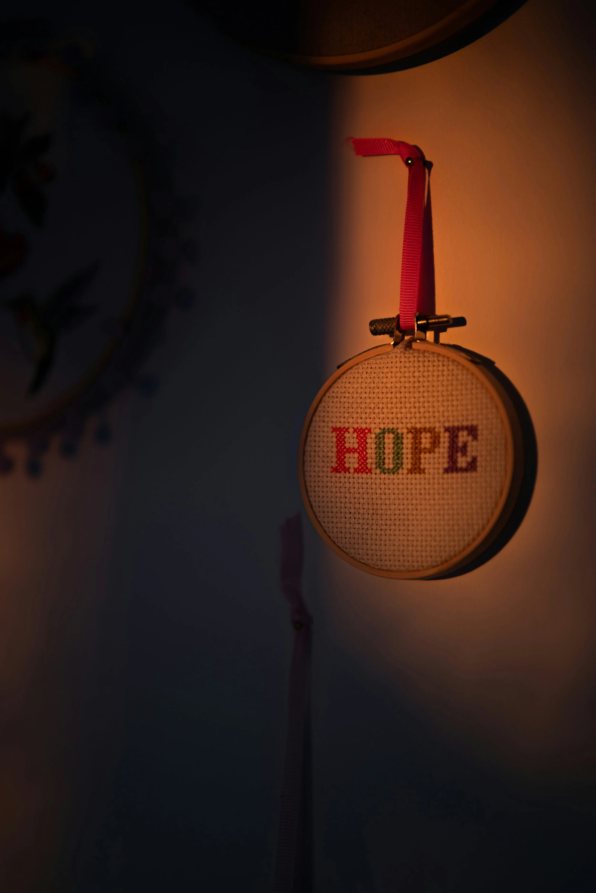 Cross-stitch embroidery hoop with the word "HOPE" in colorful letters hanging on a Dallas therapist office wall