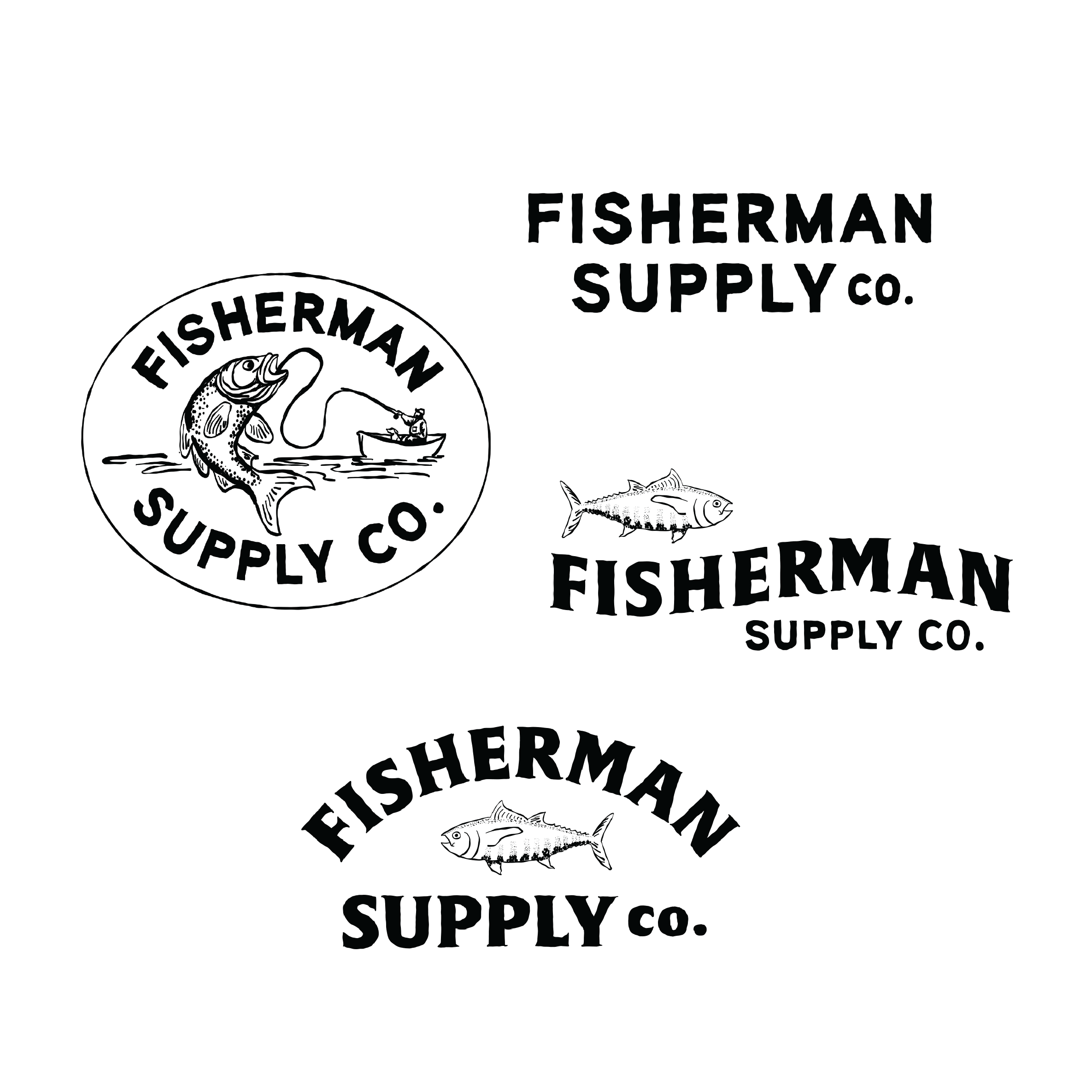 Collection of four black-and-white vintage Fisherman Supply Co. logos featuring fish illustrations and bold text.