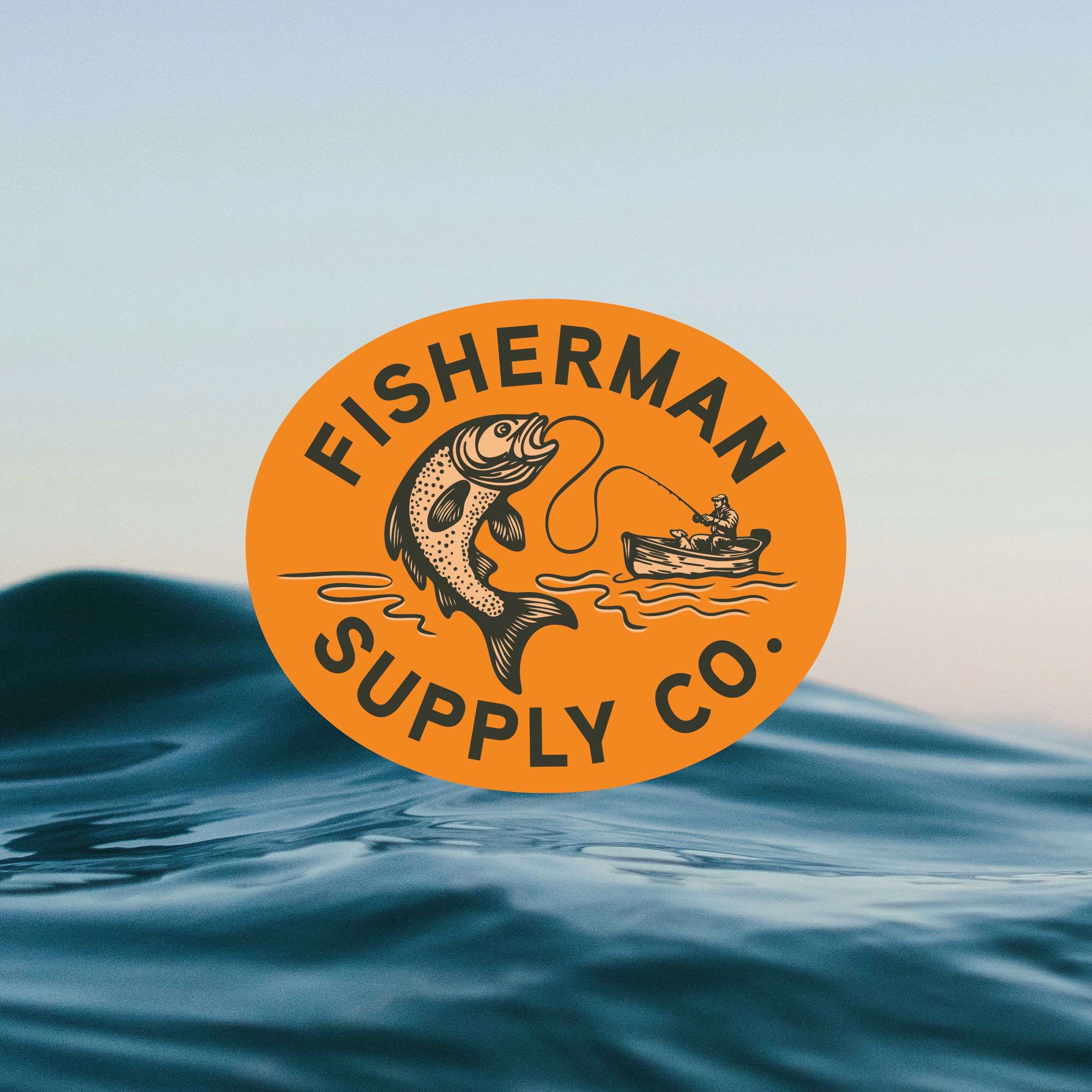 A logo for Fisherman Supply Co. featuring a fish and a person fishing from a boat, set against a background of ocean waves.