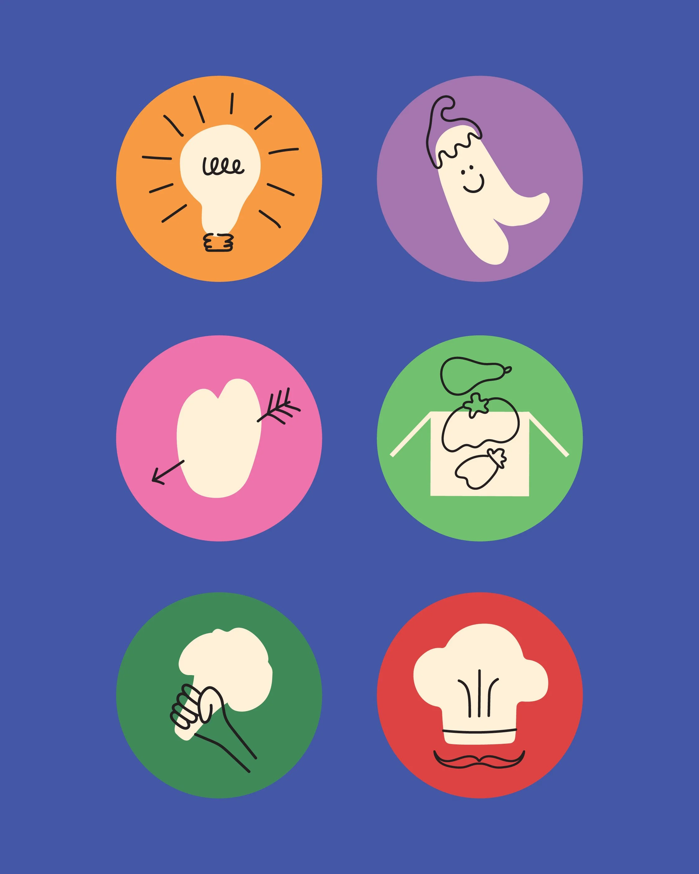A collection of branded social media icons with hand-drawn style illustrations on a blue background. The icons include a lightbulb, eggplant, heart, box, broccoli & chefs hat.
