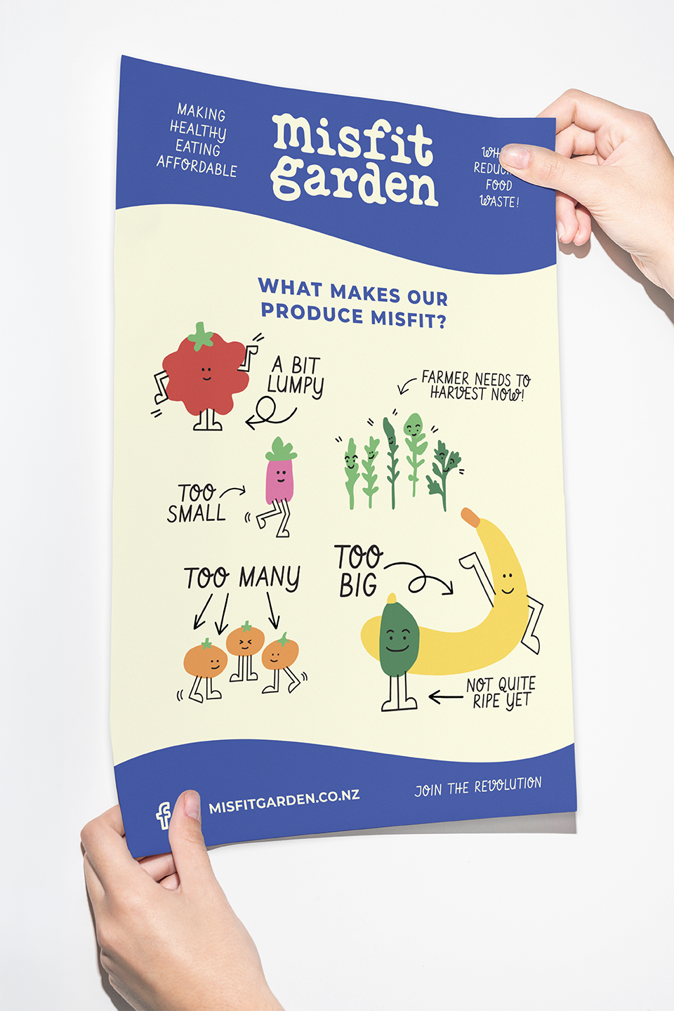 Brochure titled "Misfit Garden" illustrating the causes of misfit produce, including illustrations of fruit & vegetables with notes about harvesting and ripeness.