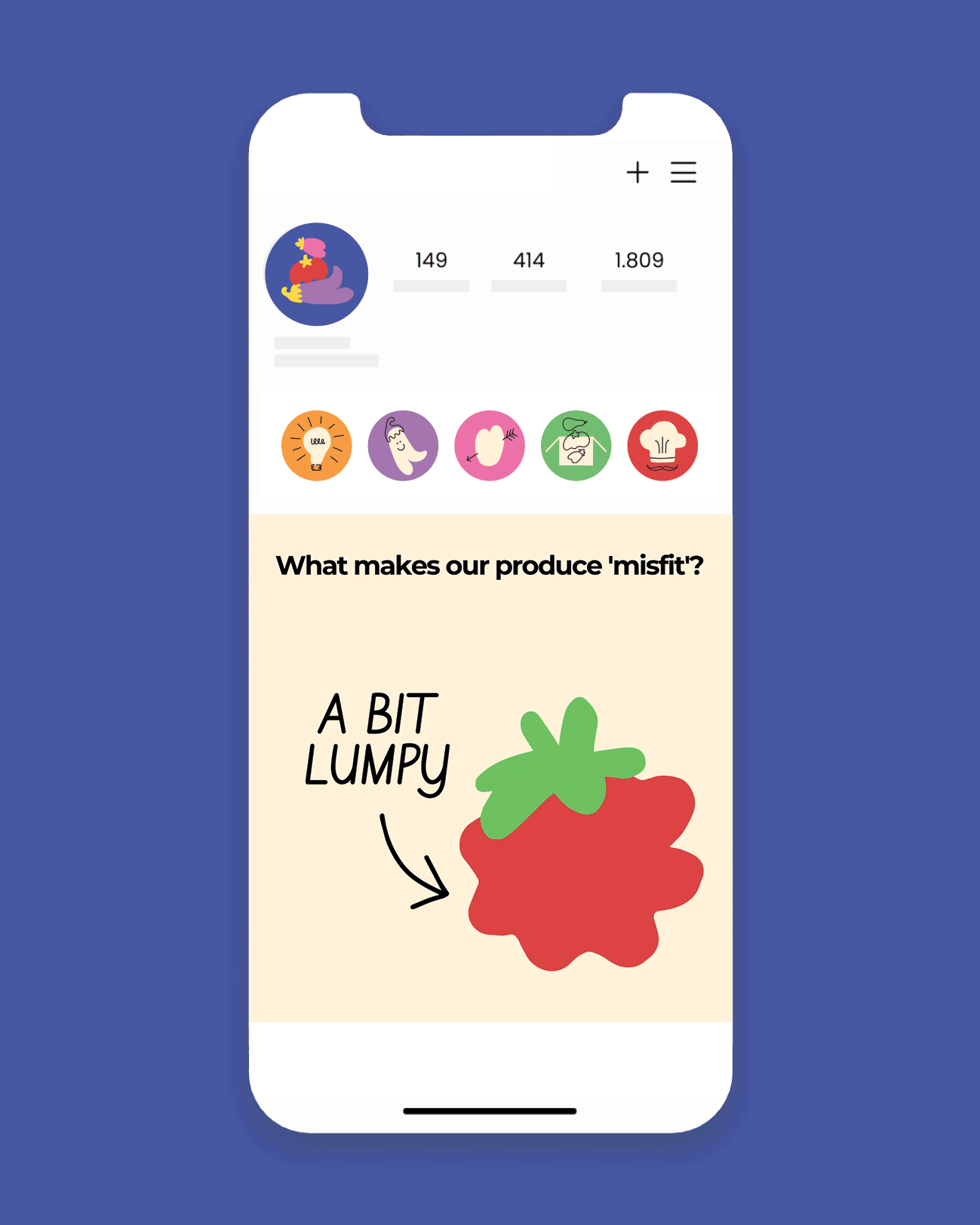 Social media template screen displaying a trivia about misfit produce, with colorful icons representing different senses and a cartoon illustration of a strawberry labeled "A bit lumpy".