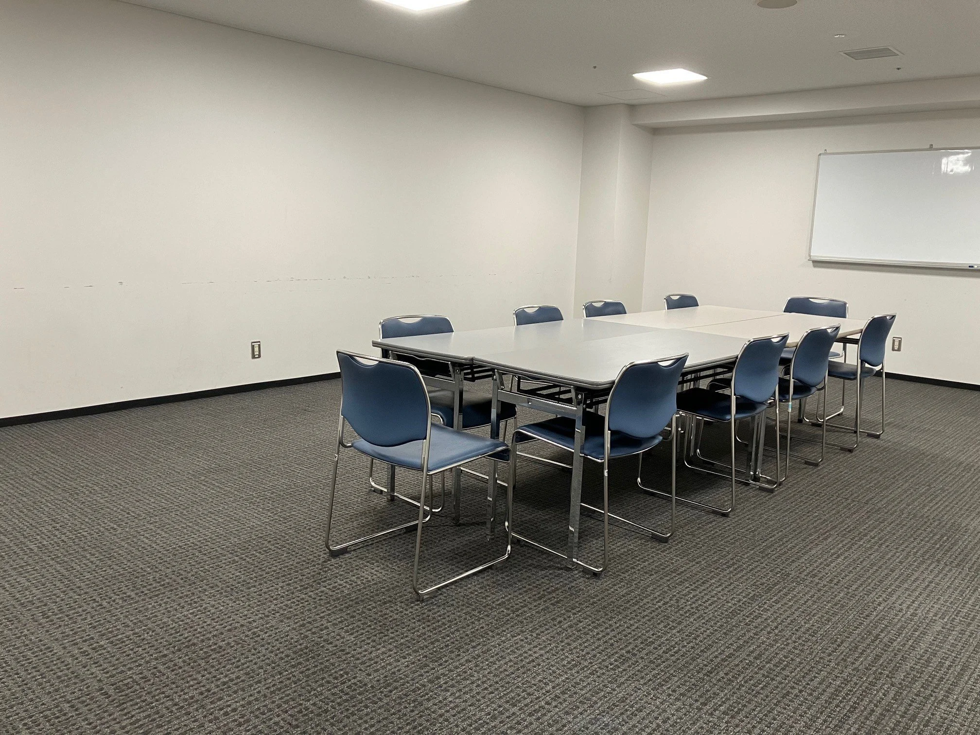 長机と青い椅子が並んだ会議室