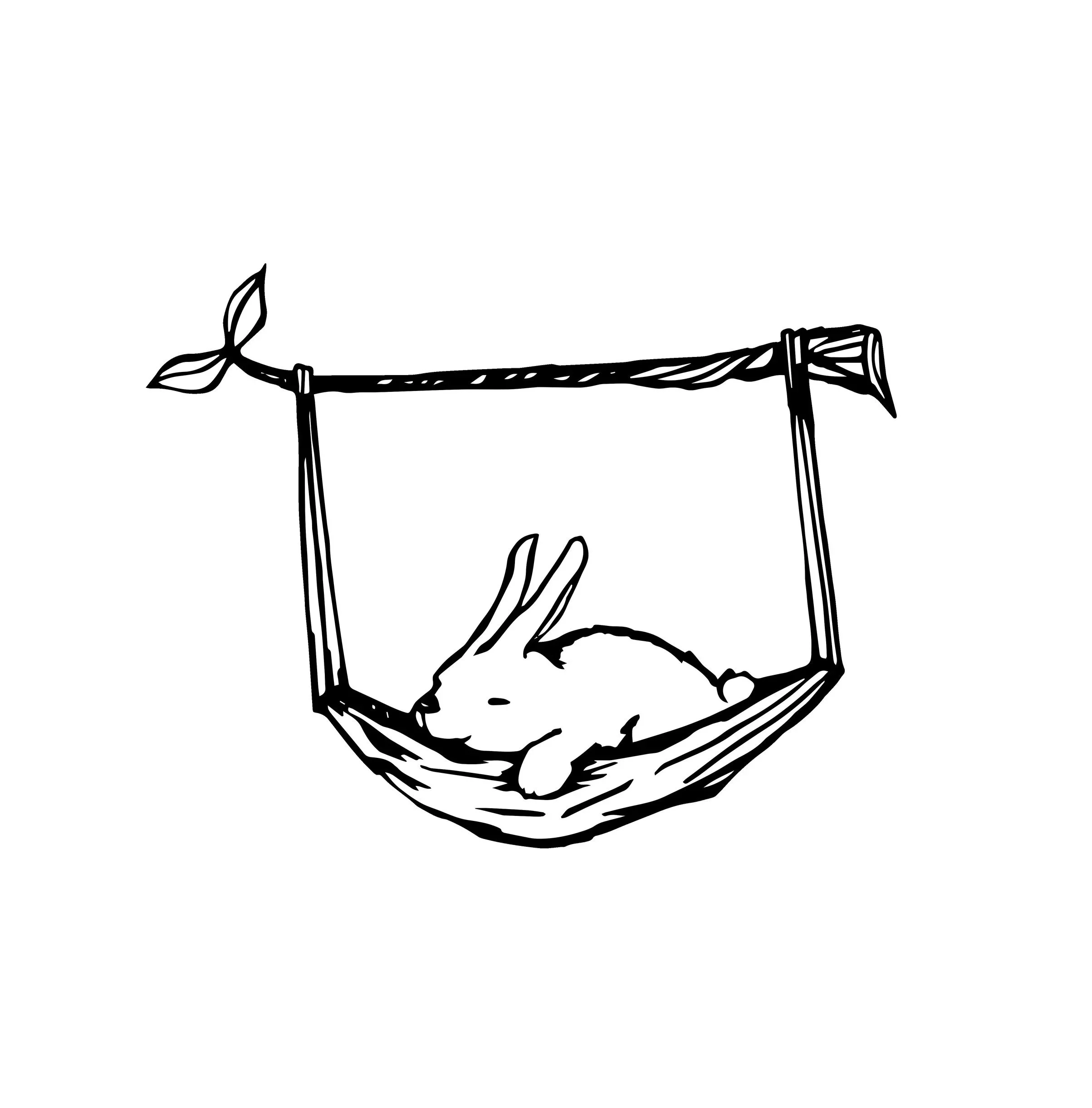 吊るされたハンモックの中で寝ている白いCoconeRu.うさぎのイラスト