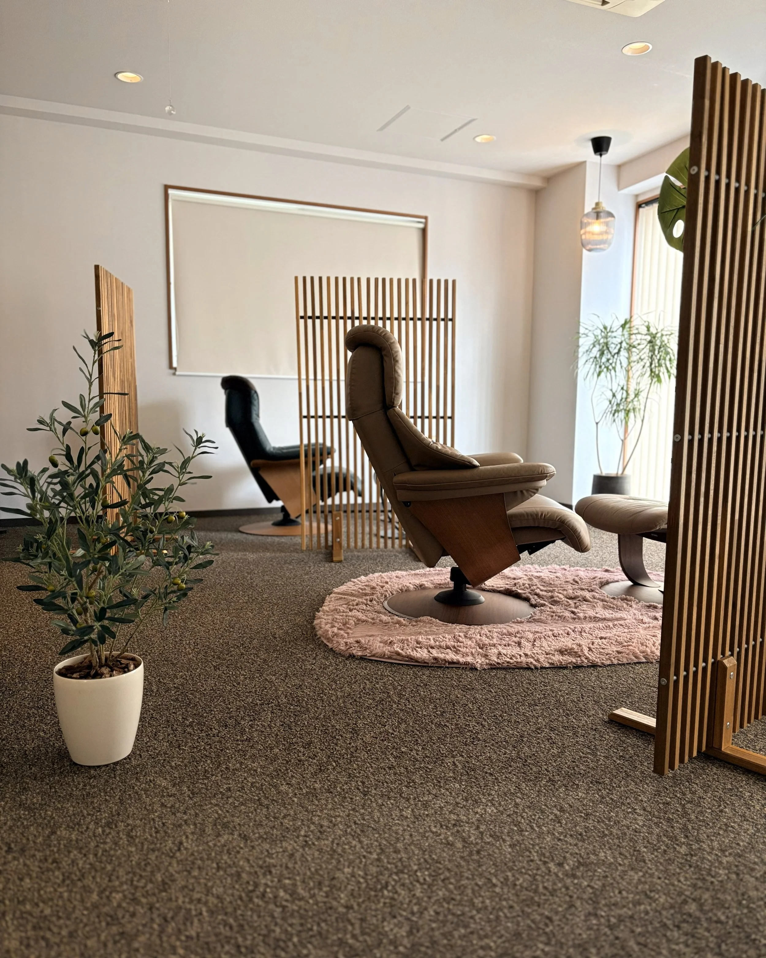 オフィスや待合室のような部屋。椅子が配置され、間仕切りや観葉植物が置かれている。自然光が入り、落ち着いた空間になっている。