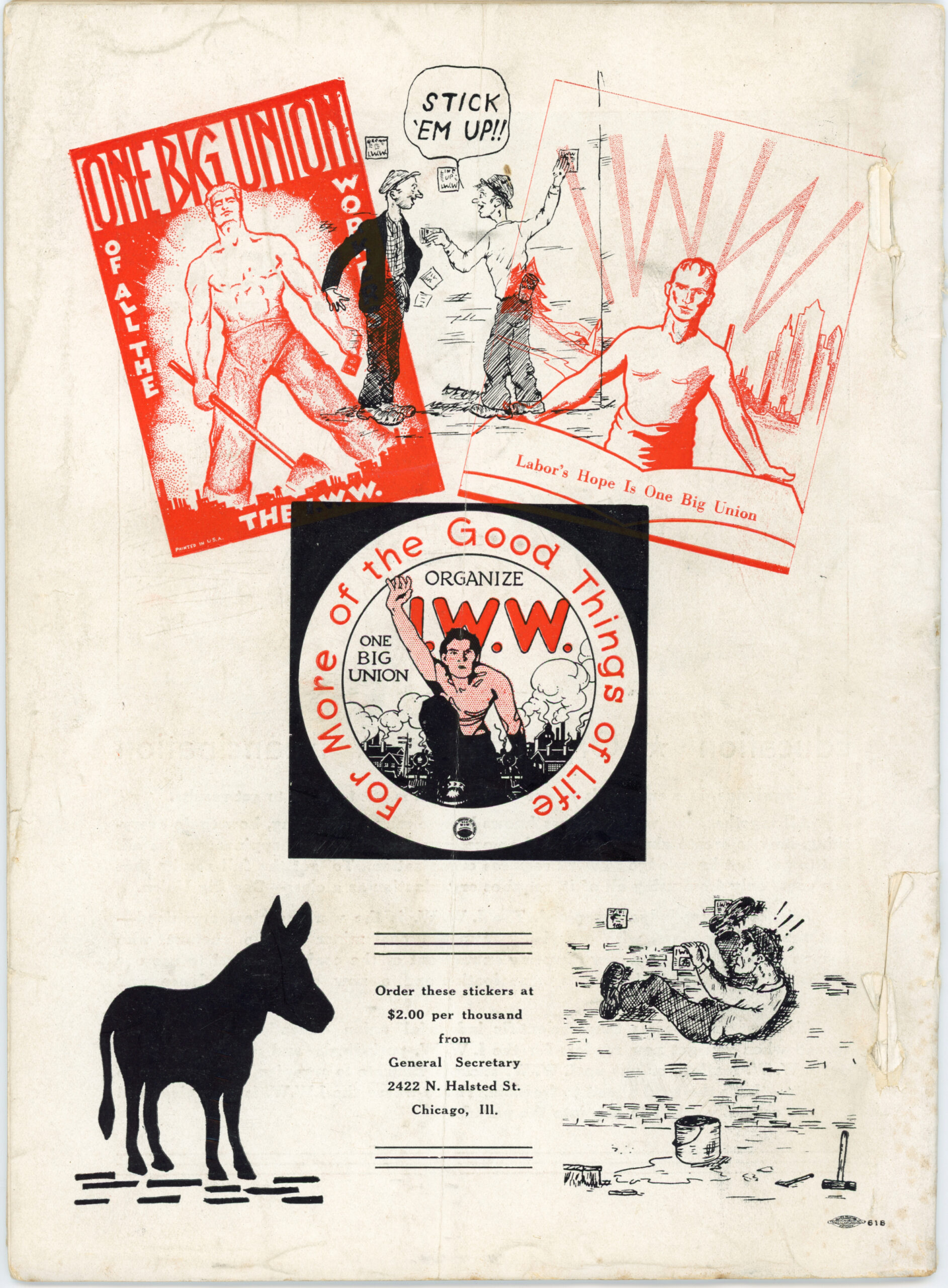 Collage of IWW stickers from 1937 with slogans like "For More of the Good Things in Life" and "Labor's Hope Is One Big Union"